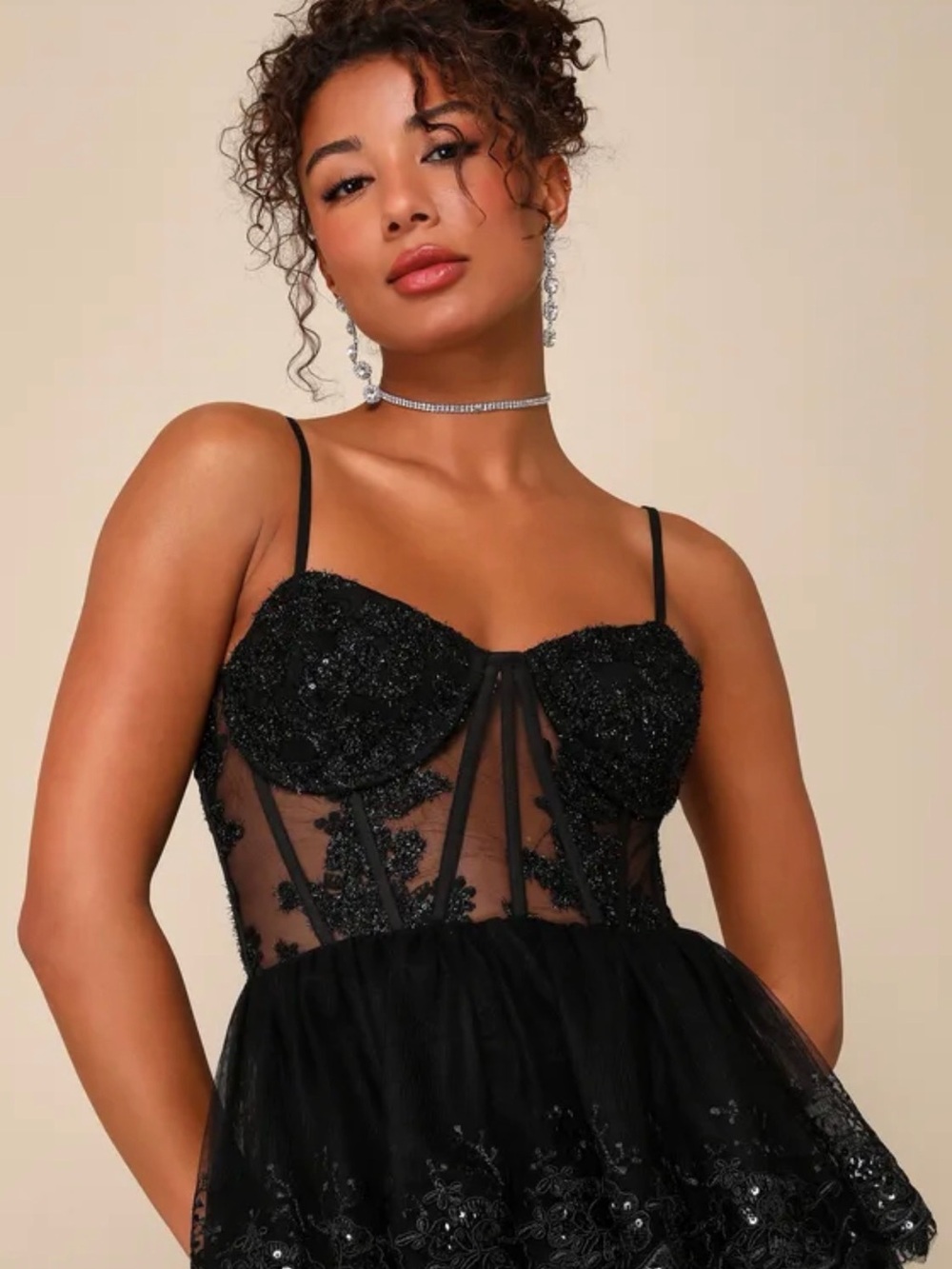 NWT Lulu's Black Lace Tiered Bustier Formal Dress XS - Picture 3 of 9